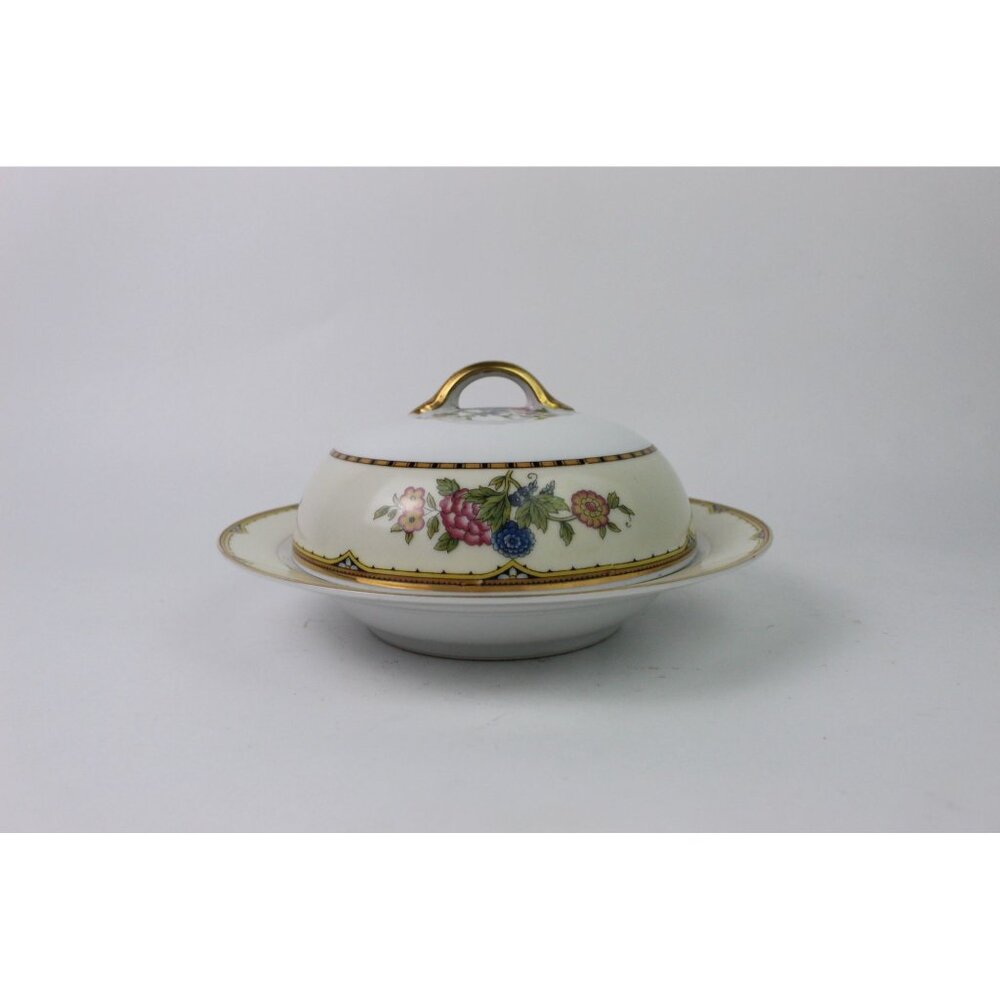 Vintage Noritake Elysian Round Covered Butter, Blue & Yellow Edge Cream Gold Rim